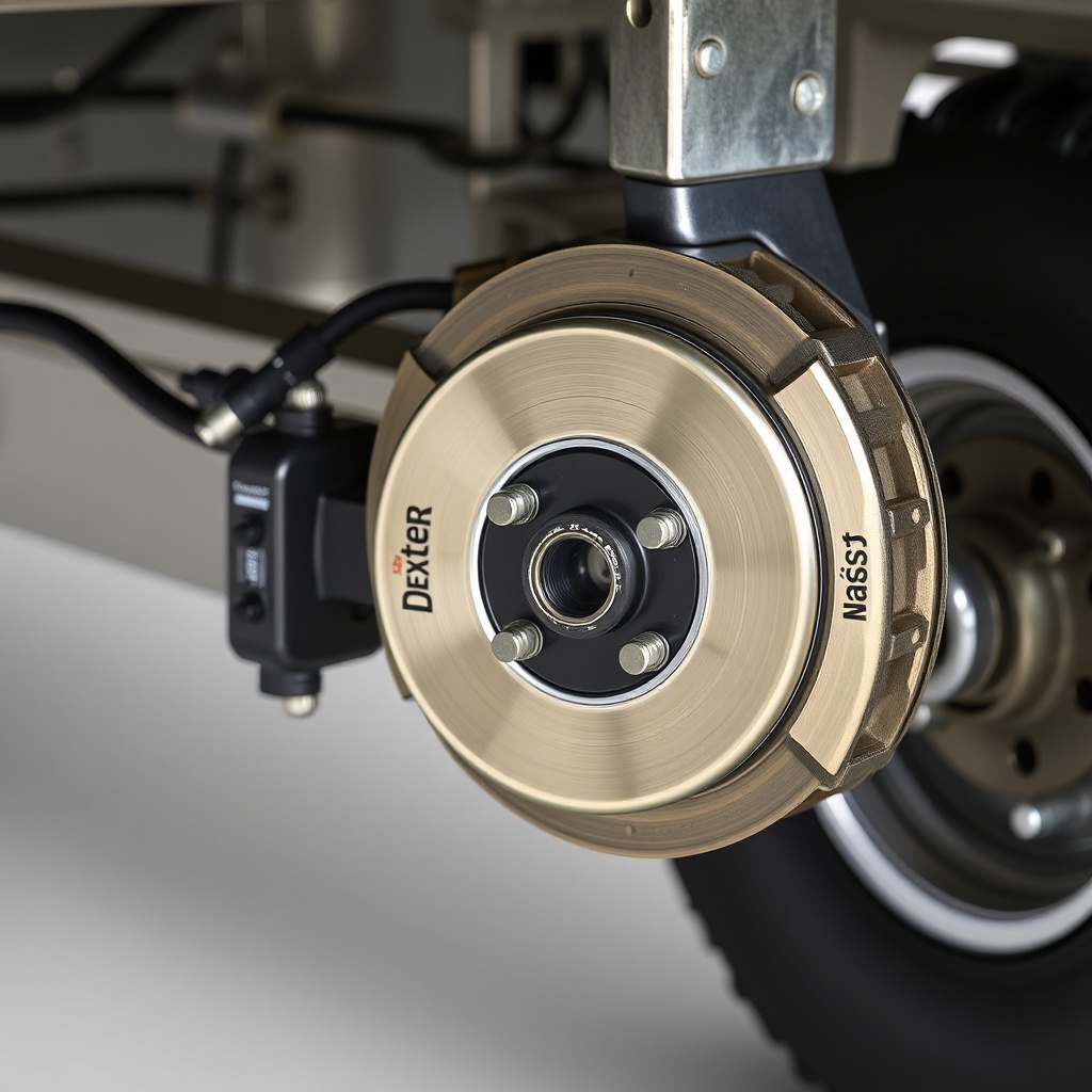 Close-up of Dexter Nev-R-Adjust 10-72 brake assembly mounted on a trailer axle with wiring