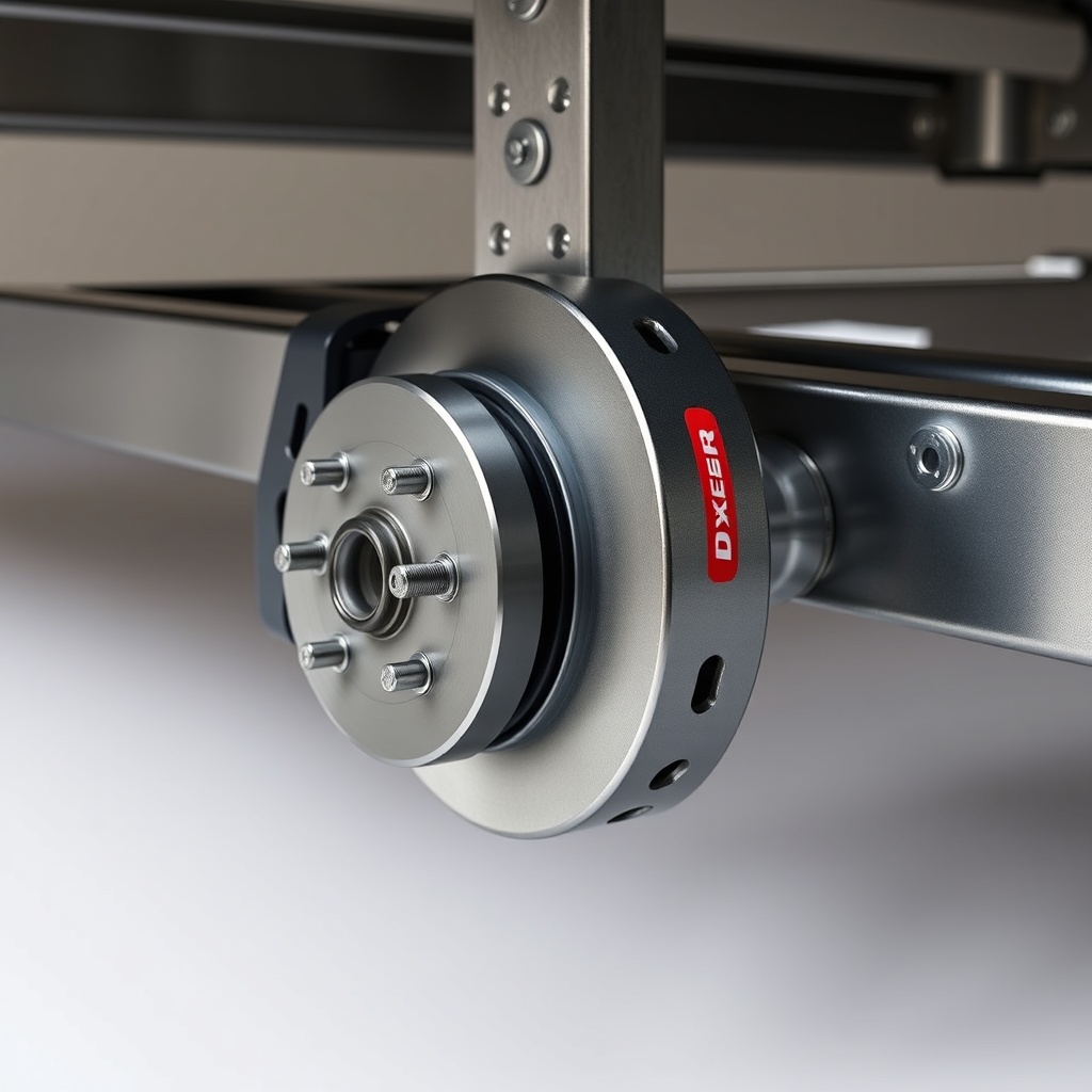 <photorealistic photo of Dexter Nev-R-Adjust 10-72 brake assembly mounted on a trailer axl
