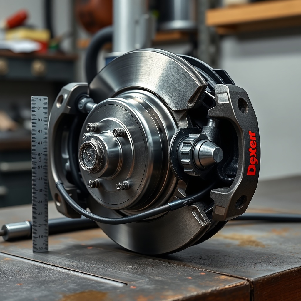 A clean photorealistic photo of a Dexter Nev-R-Adjust 10-72 brake assembly on a workshop b