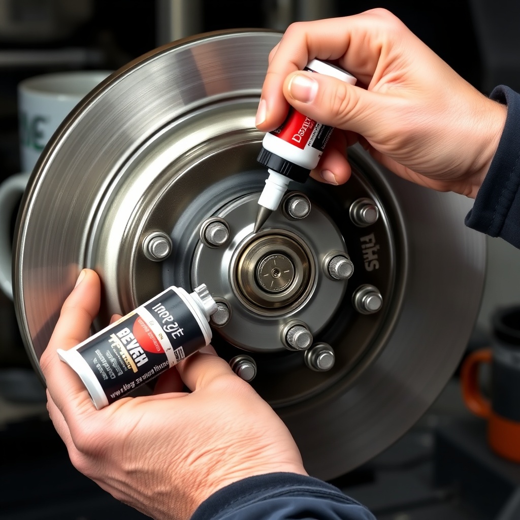 A clean photorealistic photo of a mechanic's hands applying high-temp brake grease to the