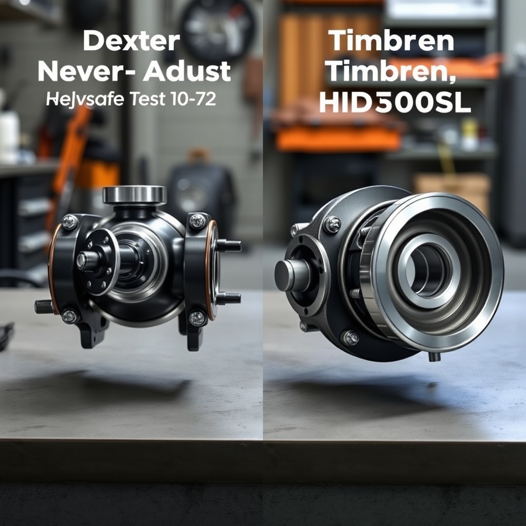 A photorealistic side-by-side comparison of two trailer hub assemblies on a clean workbenc