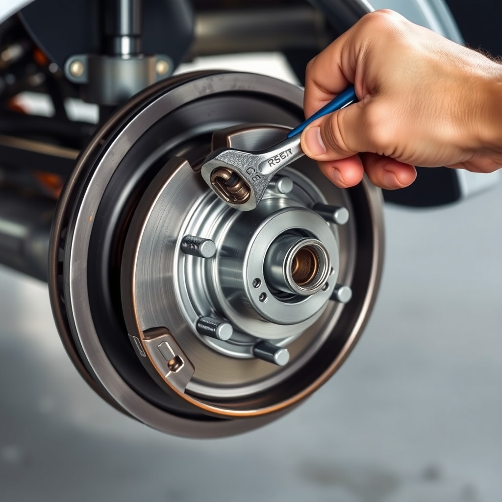 A photorealistic photo of a trailer hub assembly being installed on an axle