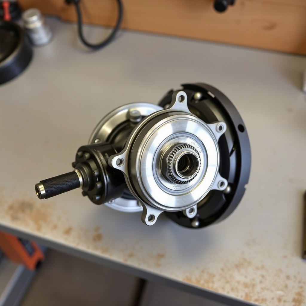 High-angle shot of a complete Dexter Nev-R-Adjust 10-72 hub assembly on a clean workbench