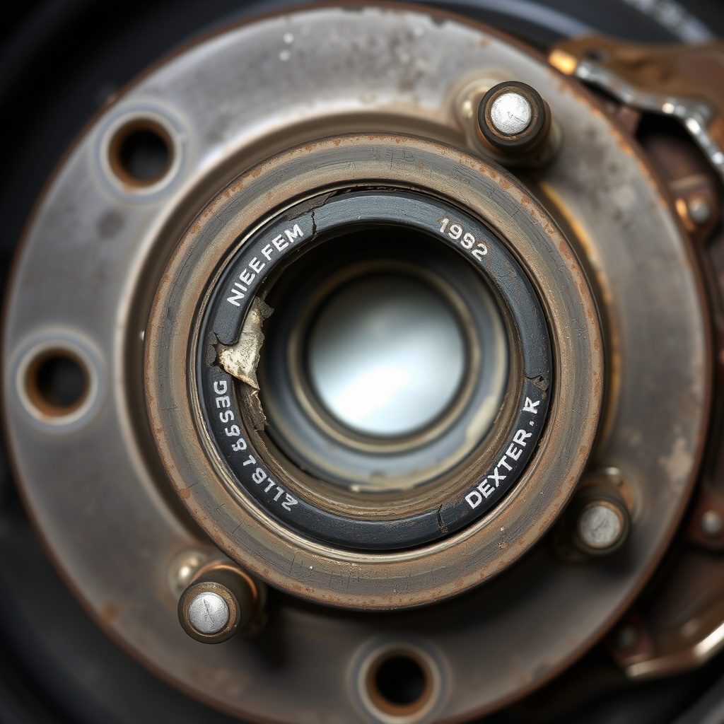 Close-up of a worn Dexter Nev-R-Adjust 10-72 hub showing a cracked grease seal and rust on