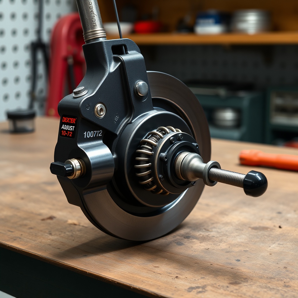 <clean photorealistic photo of a Dexter Nev-R-Adjust 10-72 brake assembly on a workbench