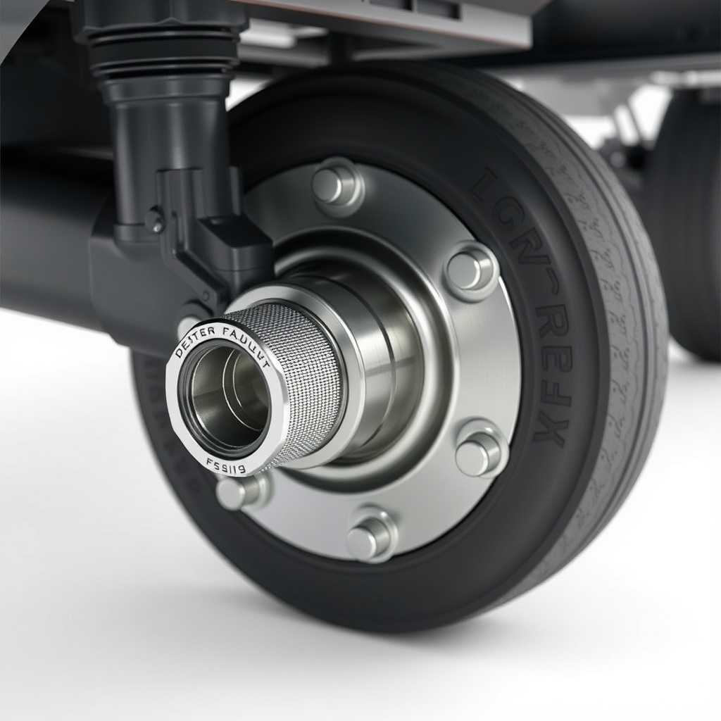 <clean photorealistic photo/illustration showing a heavy trailer axle with a Dexter Nev-R-