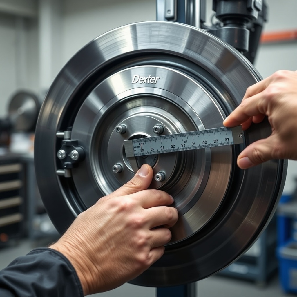 <clean photorealistic photo of a technician measuring brake shoe clearance with a feeler g