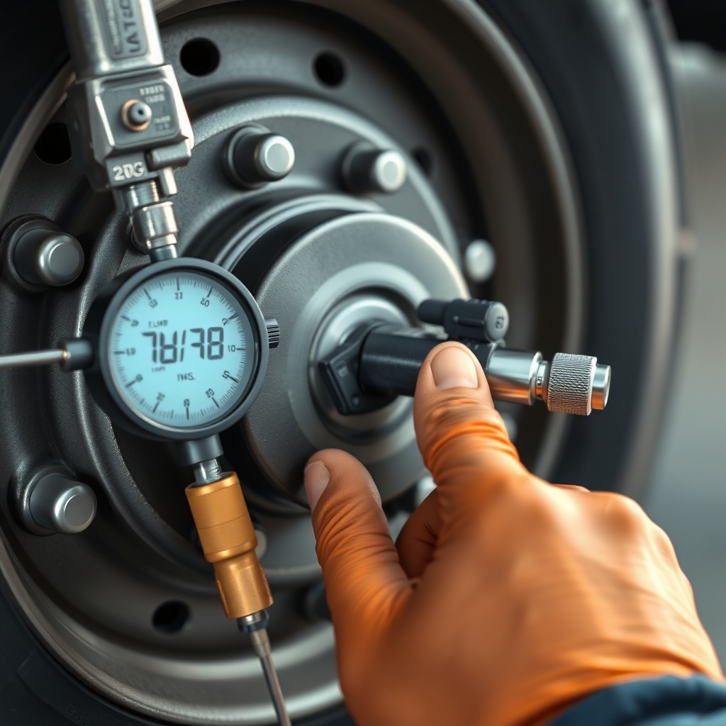 Photorealistic image of a technician using a dial indicator to measure drum runout on a tr