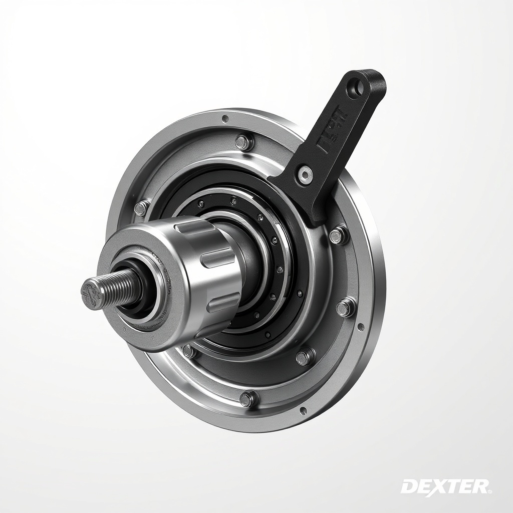 <clean photorealistic photo/illustration of a Dexter Nev-R-Adjust 10-72 hub cross-section