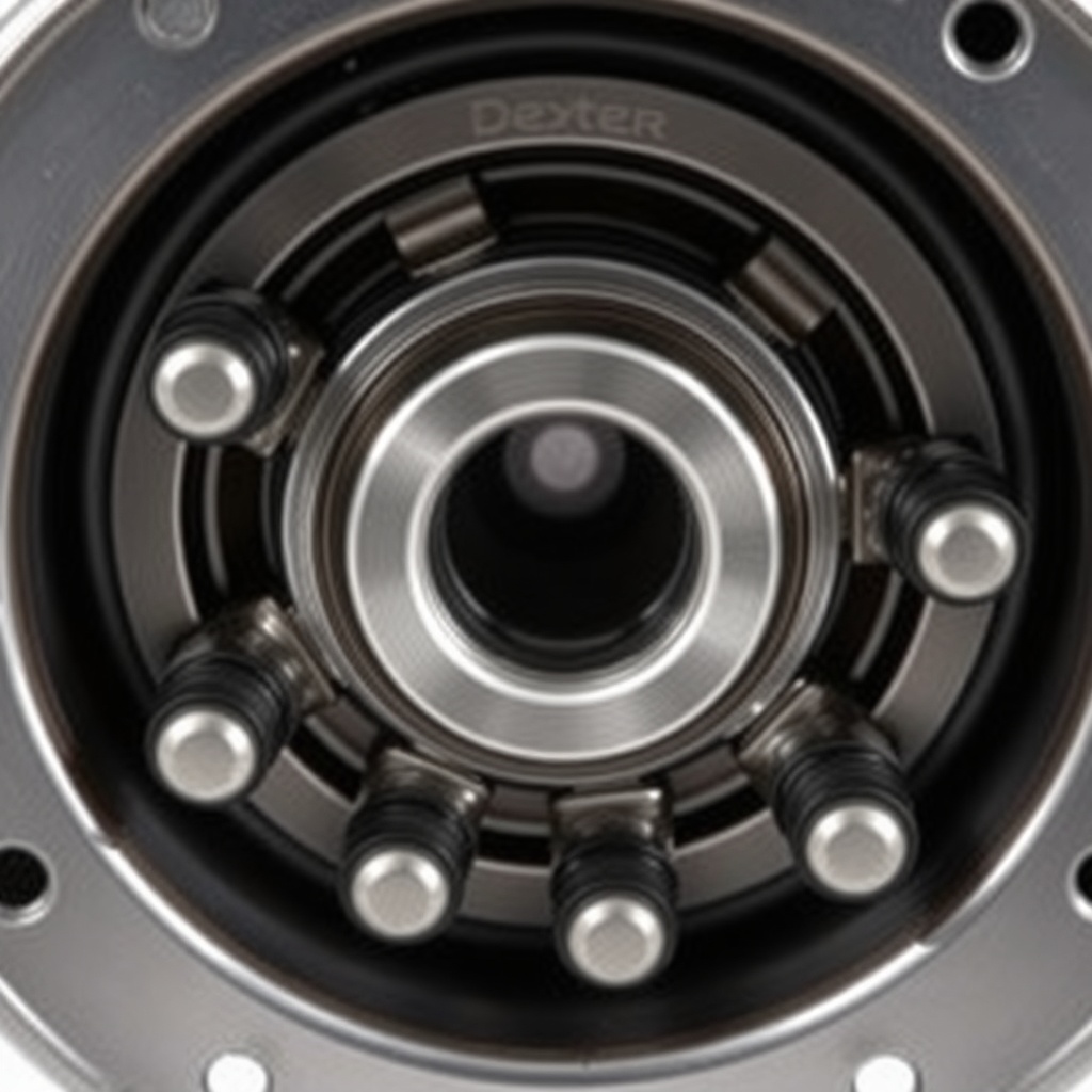Close-up photorealistic photo of a Dexter Nev-R-Adjust 10-72 hub cross-section showing bea