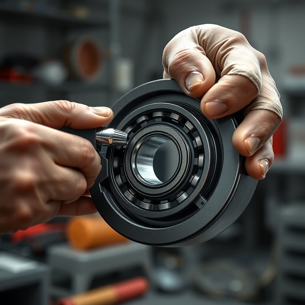 Photorealistic photo of a technician's hands applying grease to a Dexter Nev-R-Adjust 10-7