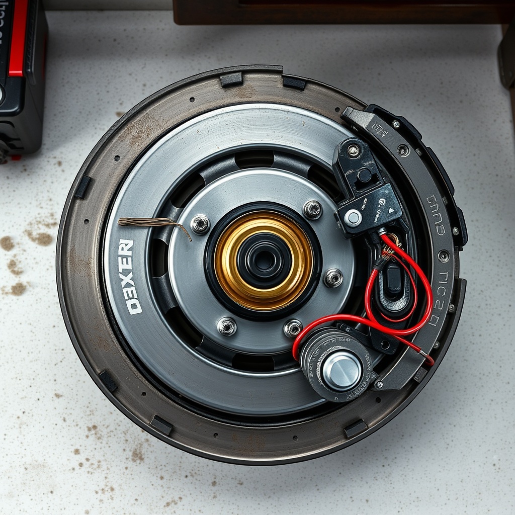 A photorealistic overhead view of a Dexter Nev-R-Adjust 10-72 brake assembly partially dis