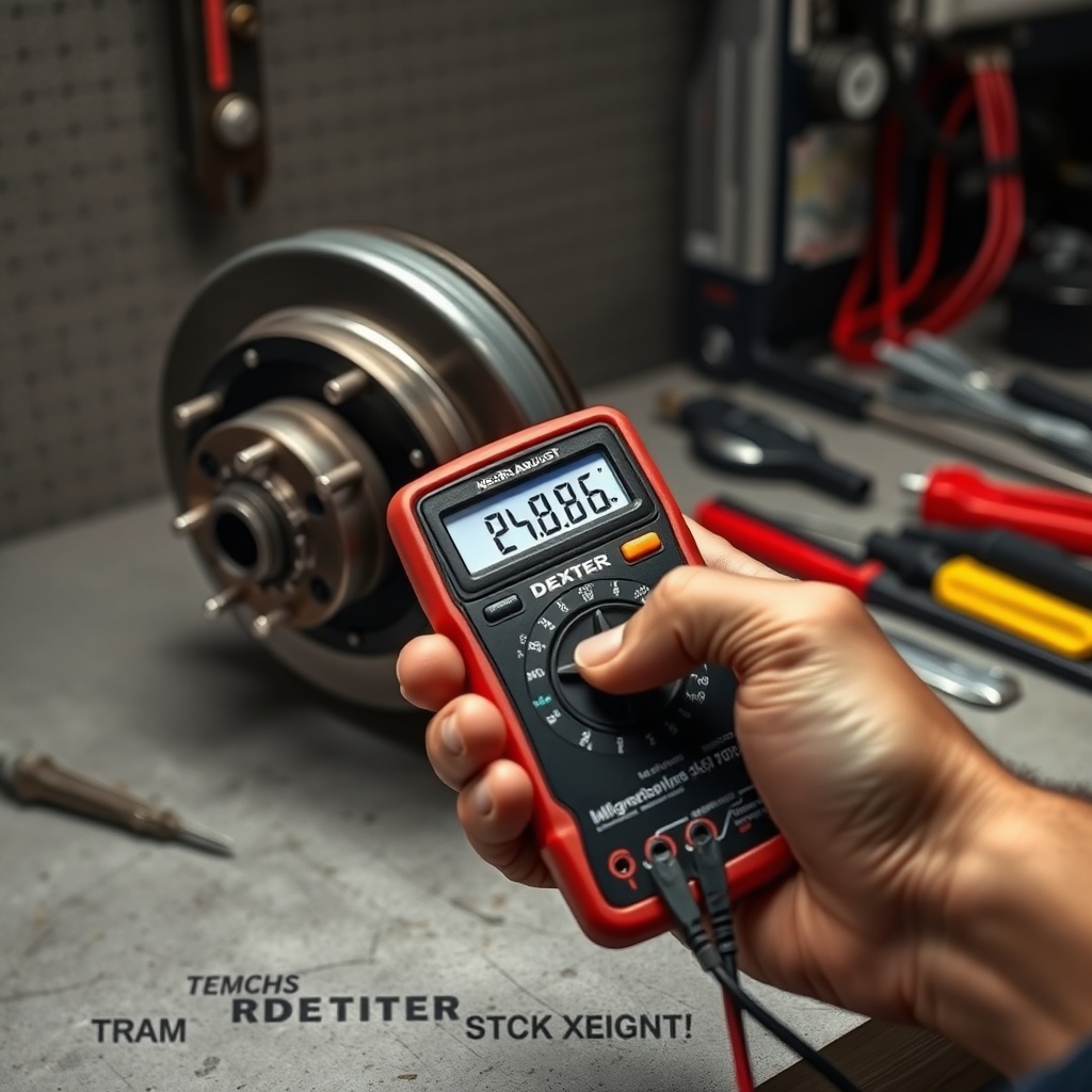 A photorealistic photo of a technician's hand holding a digital multimeter with probes tou