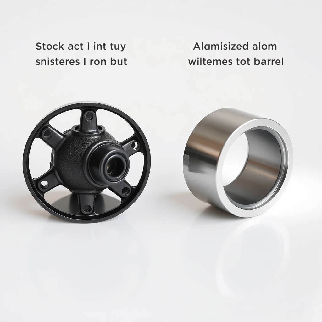 Side-by-side comparison of a stock cast-iron hub barrel and an anodized aluminum upgrade b