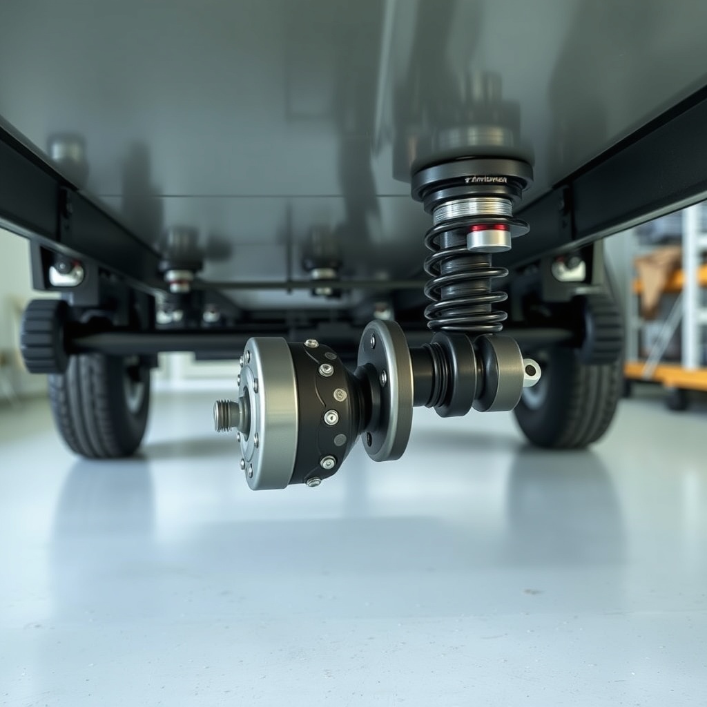 A close-up photorealistic shot of a Timbren HD3500SL suspension on a trailer