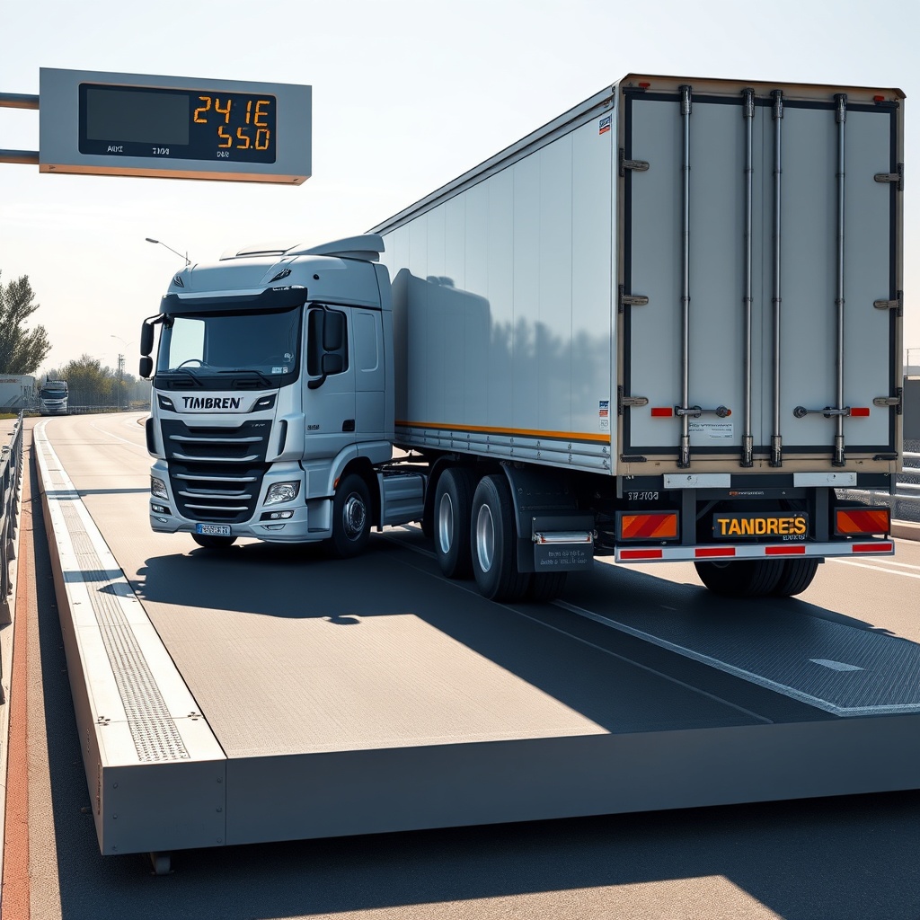 A photorealistic image of a Timbren HD3500SL-equipped trailer parked on a weighbridge scal
