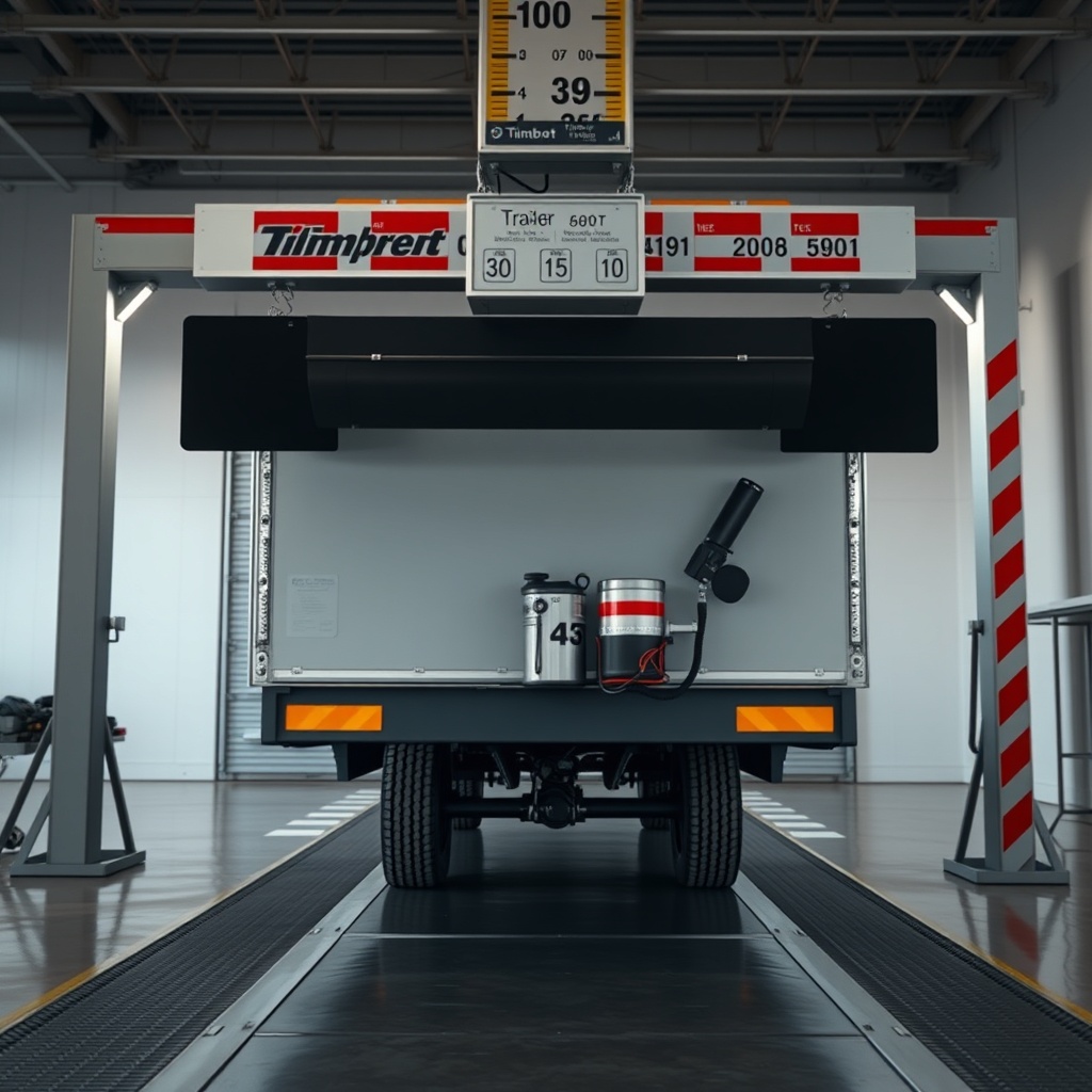 A photorealistic wide-angle view of a trailer being weighed on a commercial scale