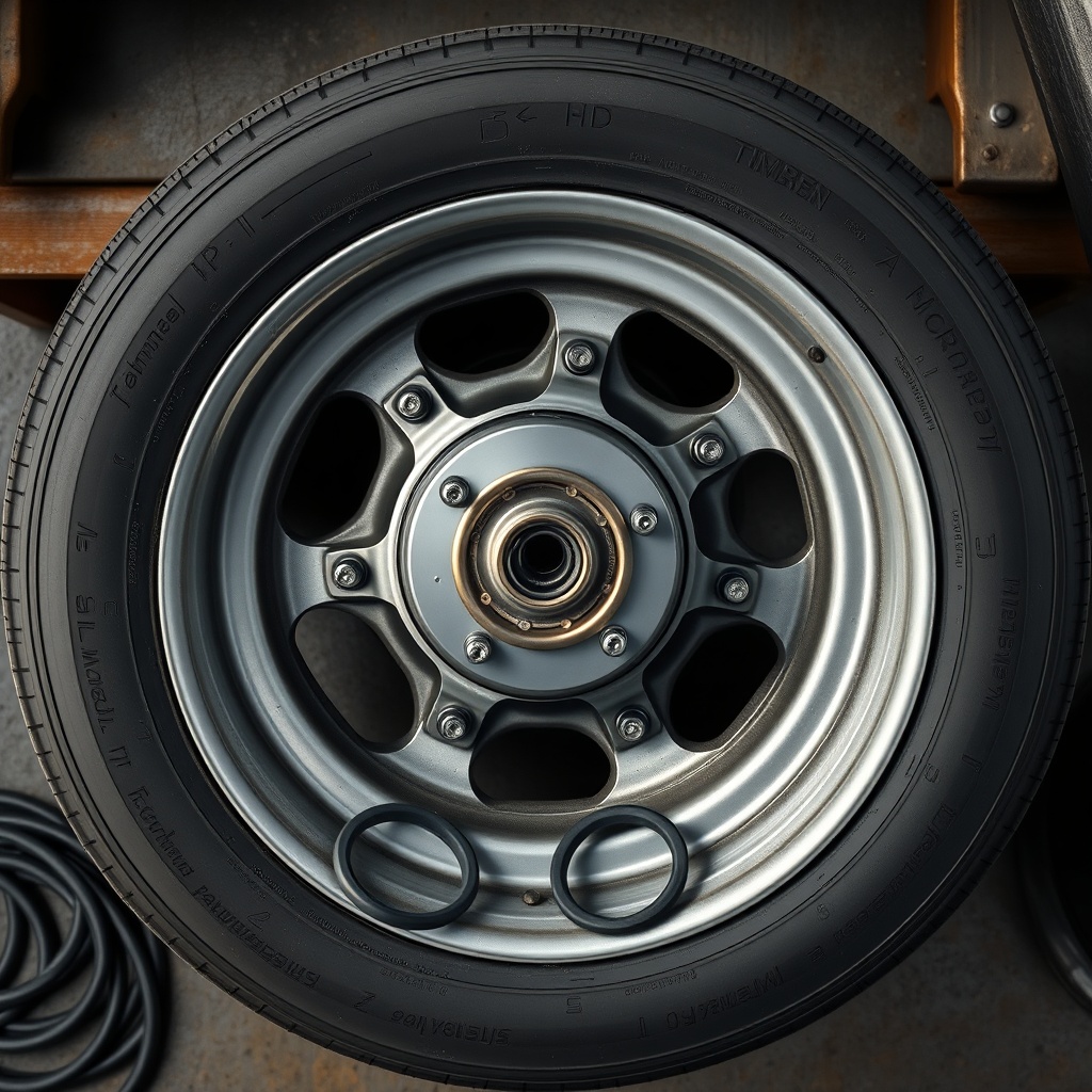 Photorealistic overhead shot of a trailer wheel with the Timbren HD3500SL hub on a workben