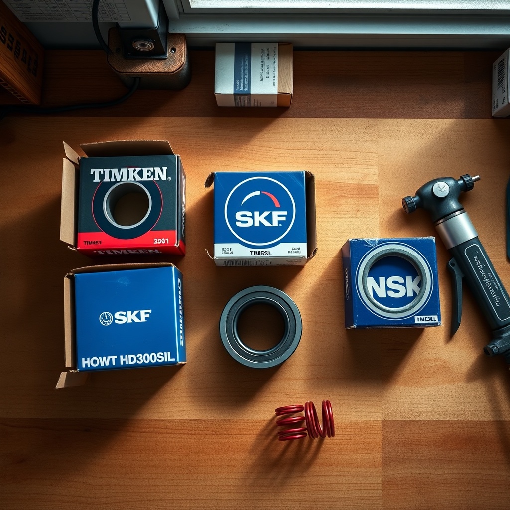 A photorealistic overhead shot of three open bearing boxes (Timken