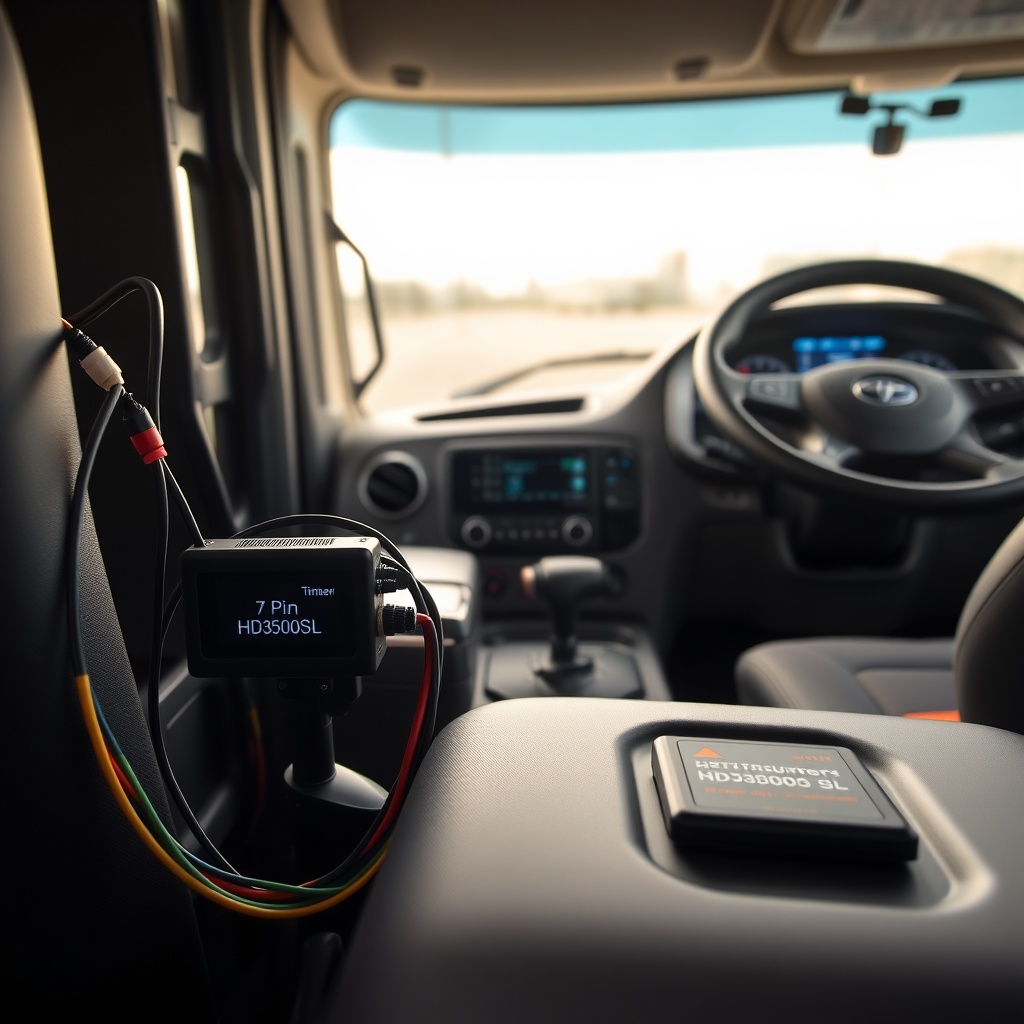 A clean photorealistic photo of a truck’s 7-pin wiring harness connected to a Timbren HD35