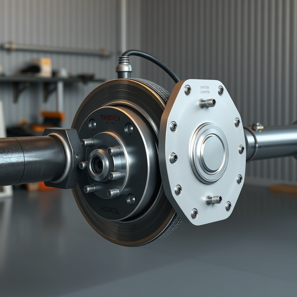A photorealistic close-up of a Timbren HD3500SL axle showing the brake drum