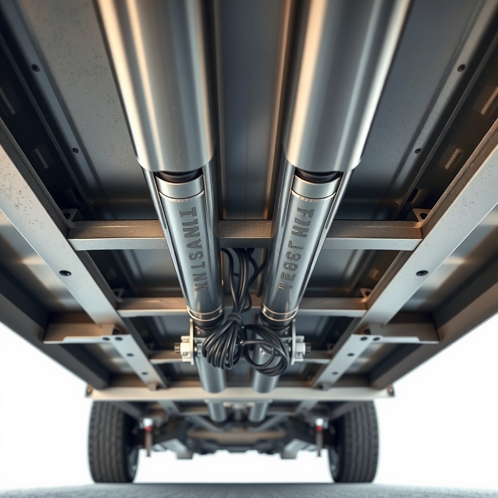 <clean photorealistic photo showing a trailer's underside with Timbren HD3500SL suspension
