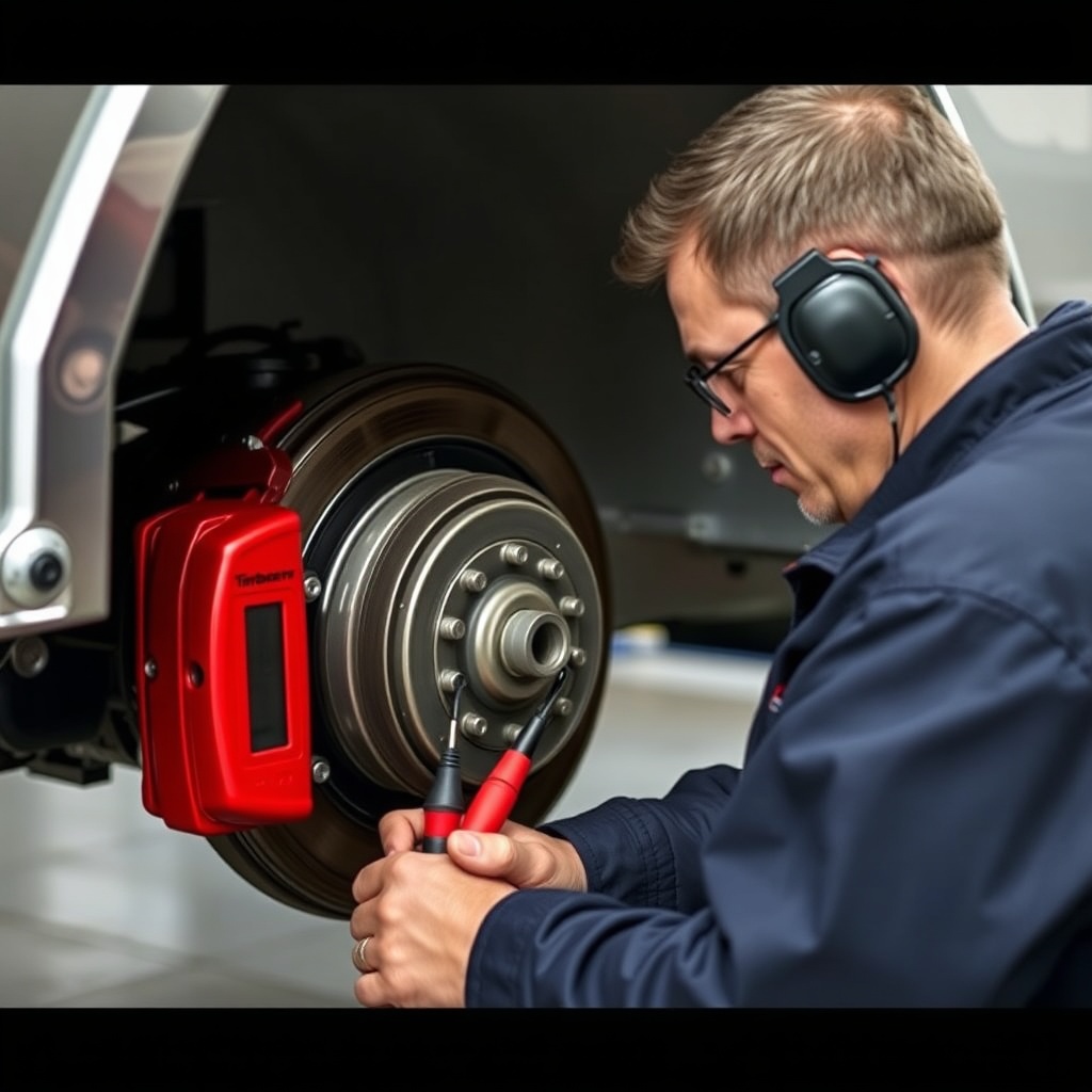 <clean photorealistic photo of a mechanic inspecting trailer brake wiring near Timbren HD3