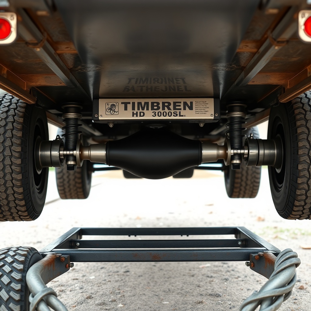 A clean photorealistic photo of a Timbren HD3500SL mounted on the underside of a rugged tr
