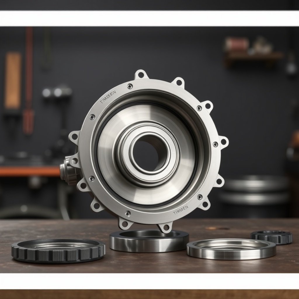 <Clean photorealistic photo of a Timbren HD3500SL hub assembly disassembled on a workbench