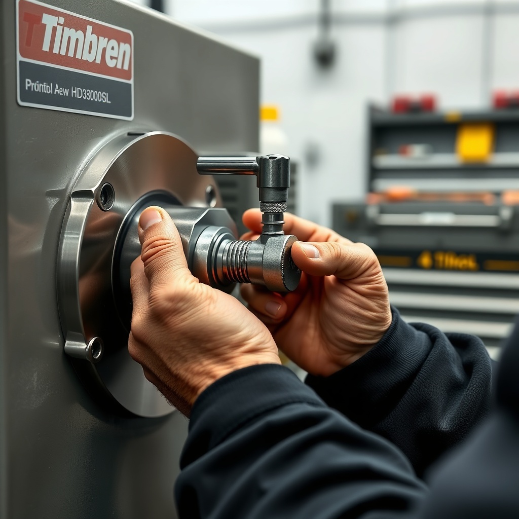 A photorealistic close-up of a mechanic’s hands tightening a spindle arm bolt on a Timbren