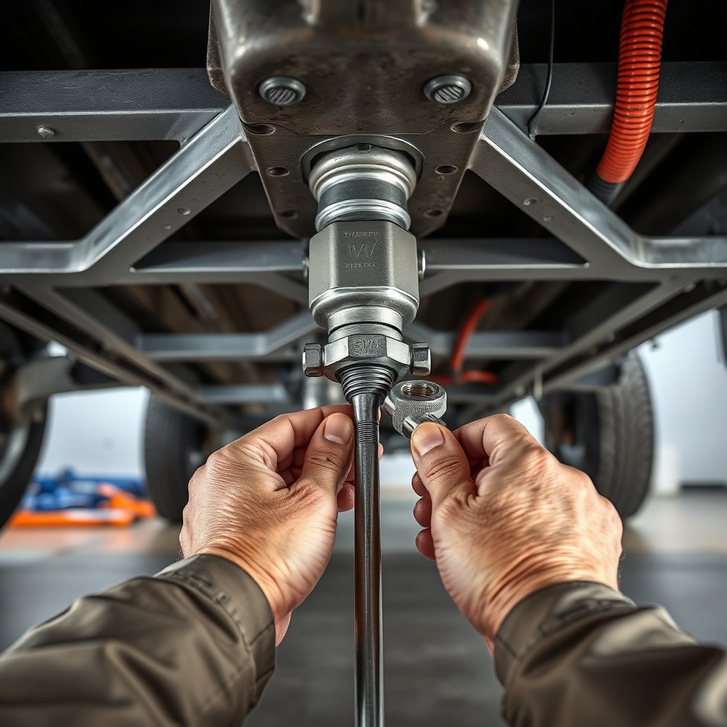 A photorealistic photo from a first-person perspective showing a mechanic's hands torquing
