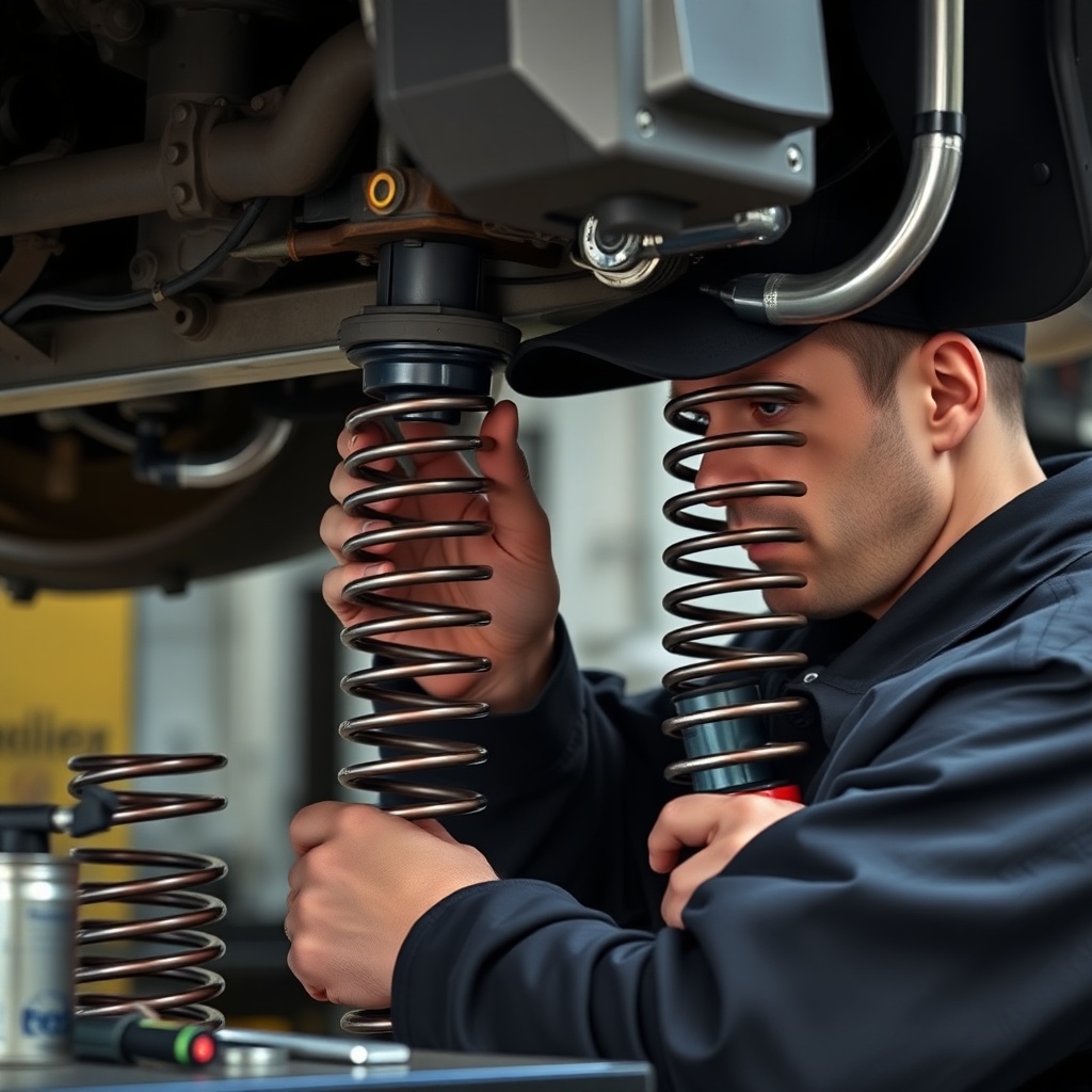 <clean photorealistic photo of a mechanic inspecting Timbren HD3500SL rubber springs