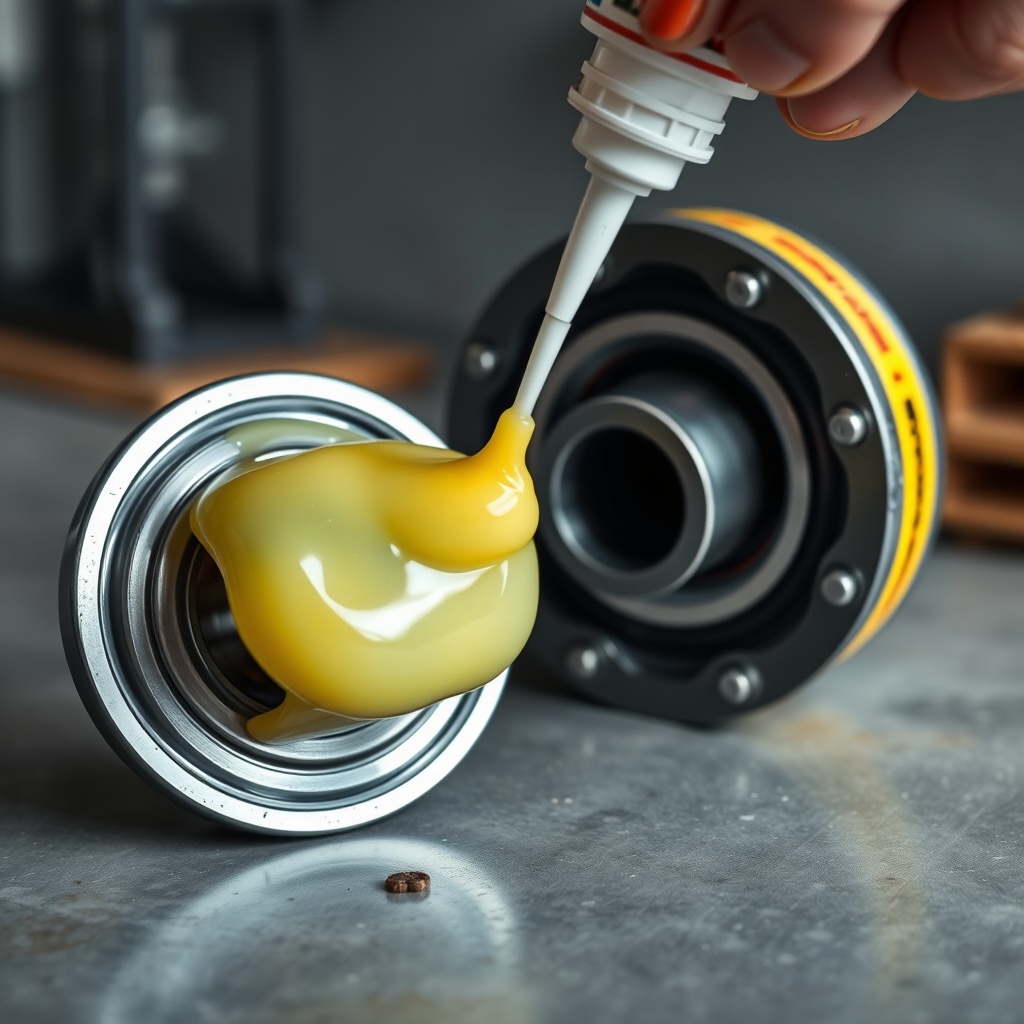 <A photorealistic photo of a fresh yellow lithium grease bead being applied to a bearing r
