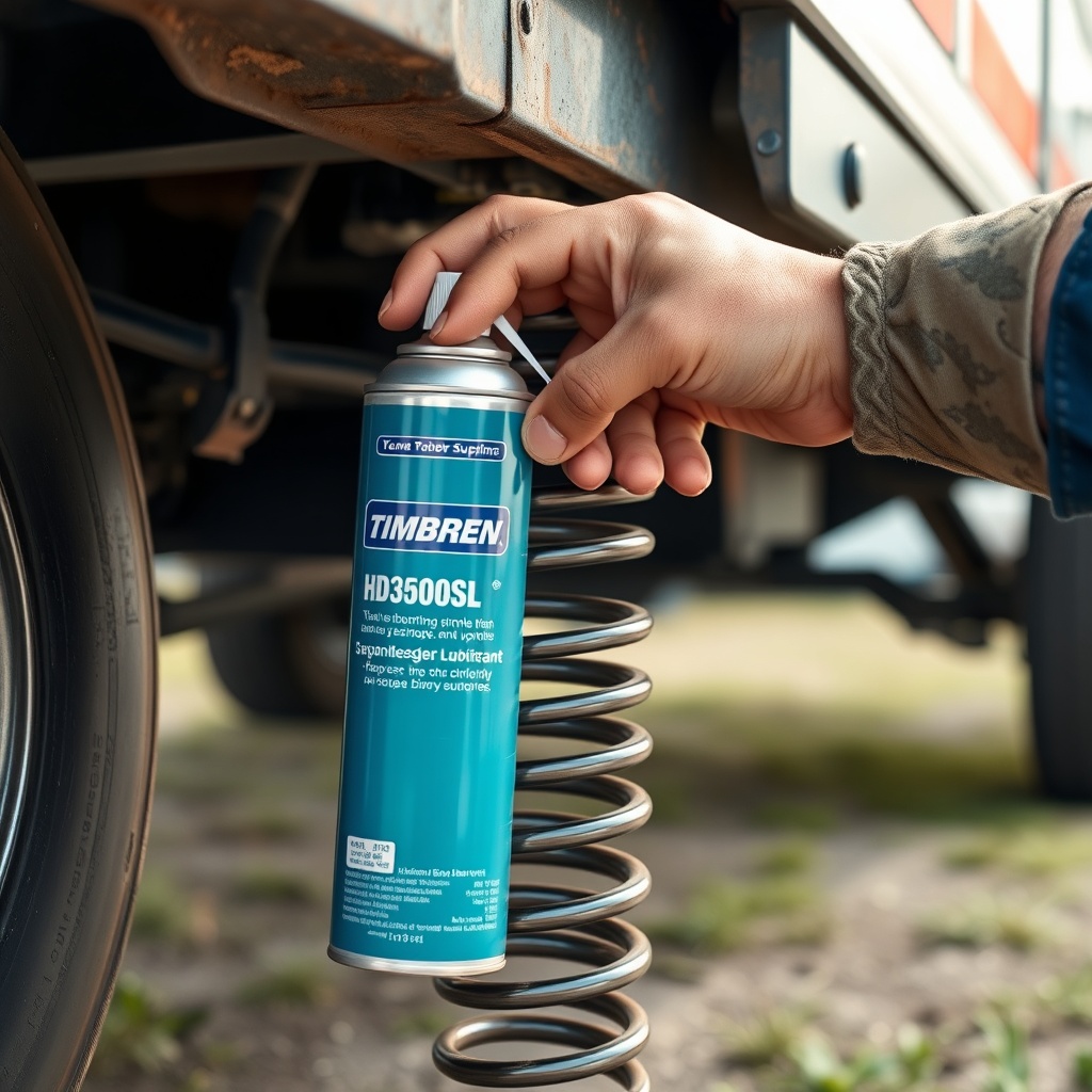 A clean photorealistic photo of a mechanic's hand applying silicone spray lubricant to a T