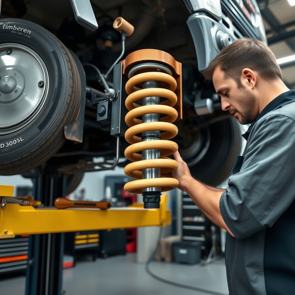 A clean photorealistic photo of a mechanic inspecting the Timbren HD3500SL on a truck lift