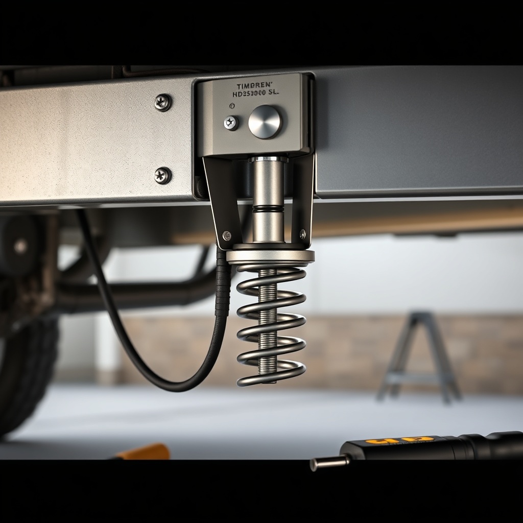A clean photorealistic photo of a Timbren HD3500SL installed under a trailer